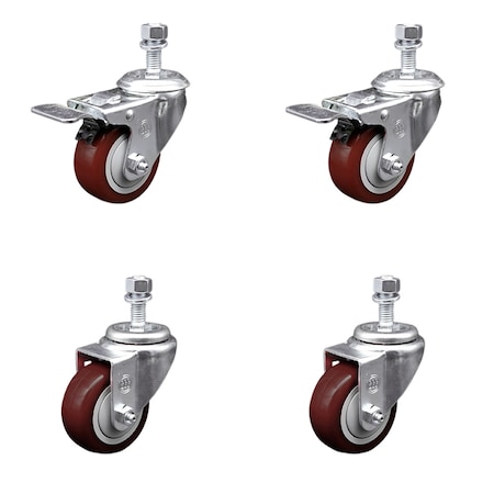 Service Caster 3.5 Inch SS Maroon Poly 12mm Threaded Stem Caster Total Lock Brake SCC, 2PK SSTSTTL20S3514-PPUB-MRN-M1215-2-S-2
